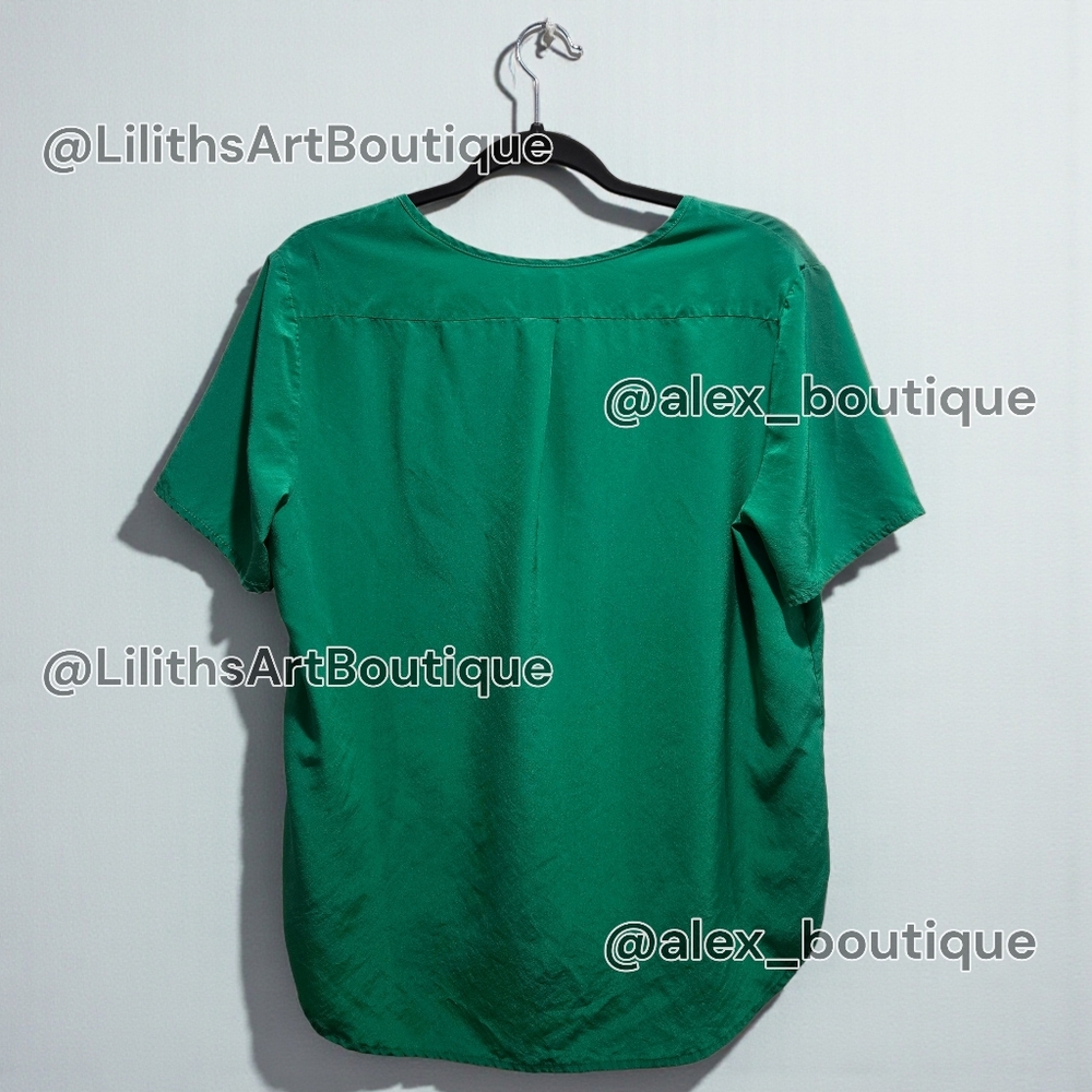 Anne Klein Silk Blouse Emerald Green Split Neck Size 12 (L001) - Picture 3 of 8